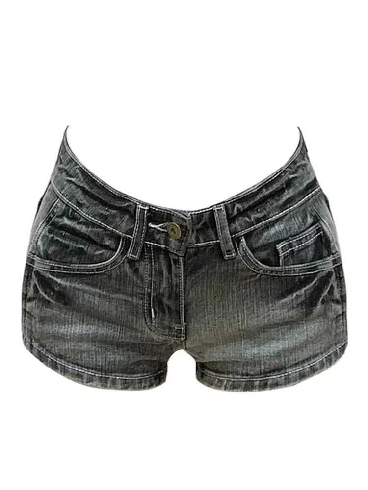 Women Emo Y2K Korean Streetwear Leopard Print Denim Mini Acubi Shorts Button Sexy Low Rise Short Trousers 2000s Alt Clothes