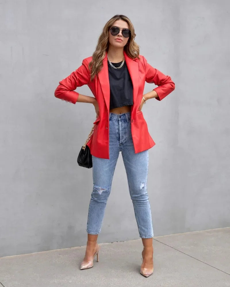 Elegant Chic Jacket Office Lady Long Sleeve Lapel Collar Single Breasted Pocket Coat Outwear 2025 Women PU Leather Suit Blazer