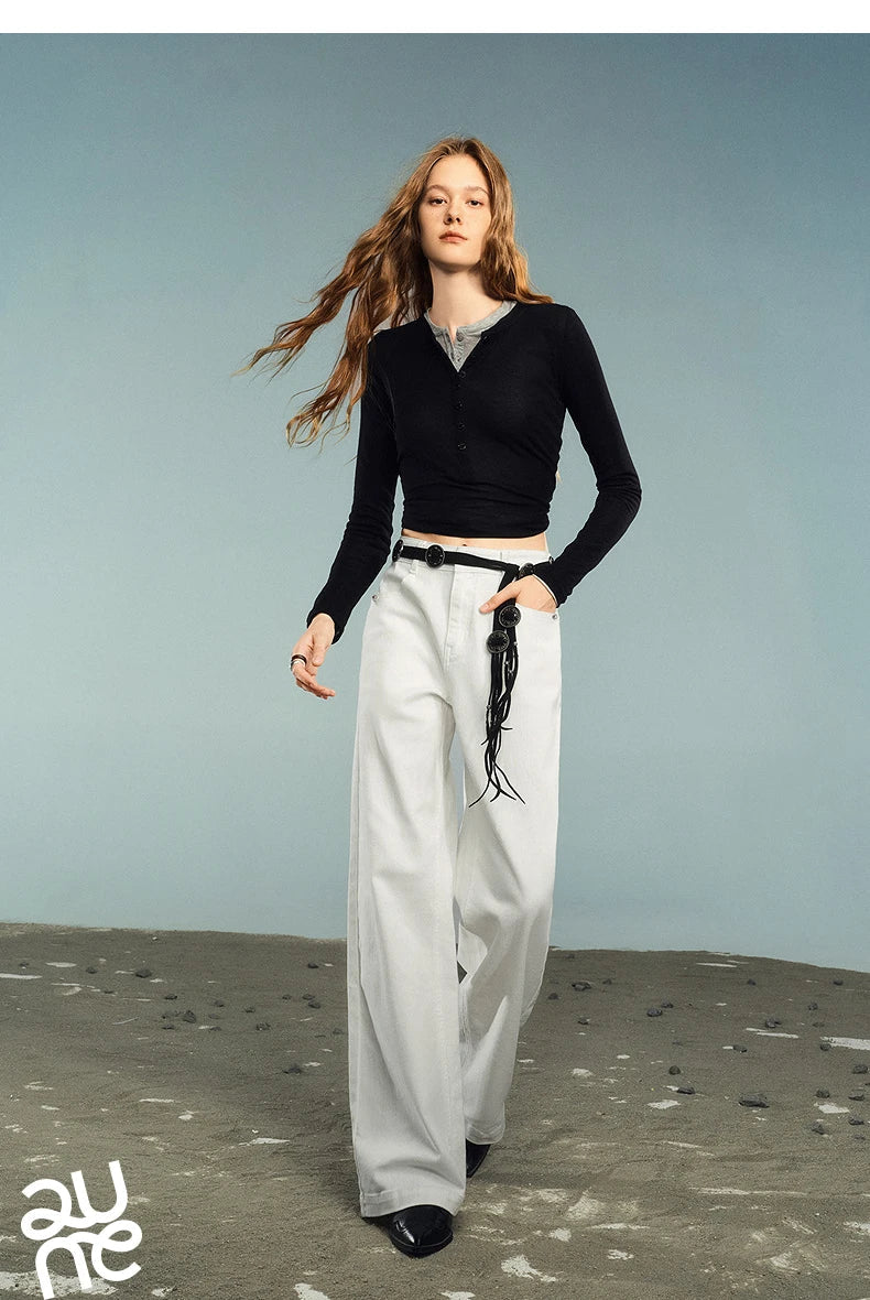 Women Denim Jeans 2025 Autumn New Lycra Stretch Washed Wide Leg Straight Long Pants