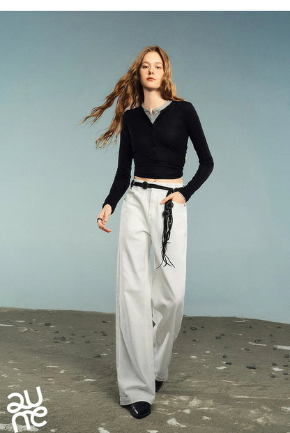 Women Denim Jeans 2025 Autumn New Lycra Stretch Washed Wide Leg Straight Long Pants