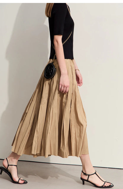 Minimalism Pleated A-Line Skirts Women 2024 Summer New Baiscs Rubber Band Waist Irregular Loose Large Hem Skirt 12442081