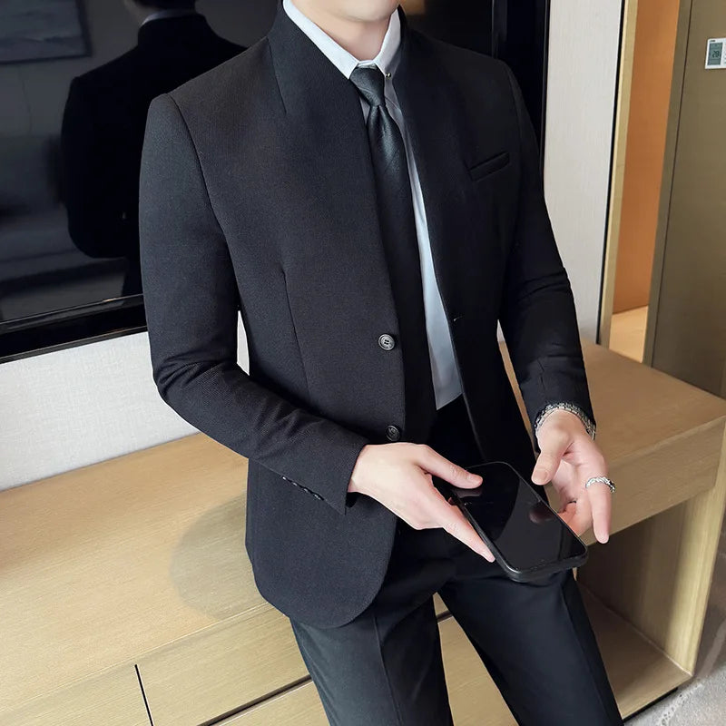 New Waffle Chinese Stand-Up Collar Blazers Men Slim Fit Business Casual Fashion Suits Jacket Formal Social Prom Party Tuxedos