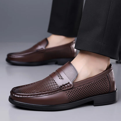 2026 Summer Mens Leather Loafers Slip on Casual Shoes Breathable Moccasins Comfortable Walking Office Flats Male Walking Shoes
