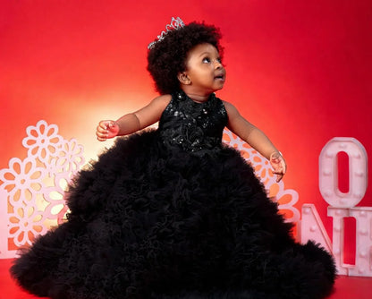 Luxury Red Ruffles Flower Girl Dresses Sequined Princess Customized Baby Girls First Birthday Party Pageant Dress For Wedding