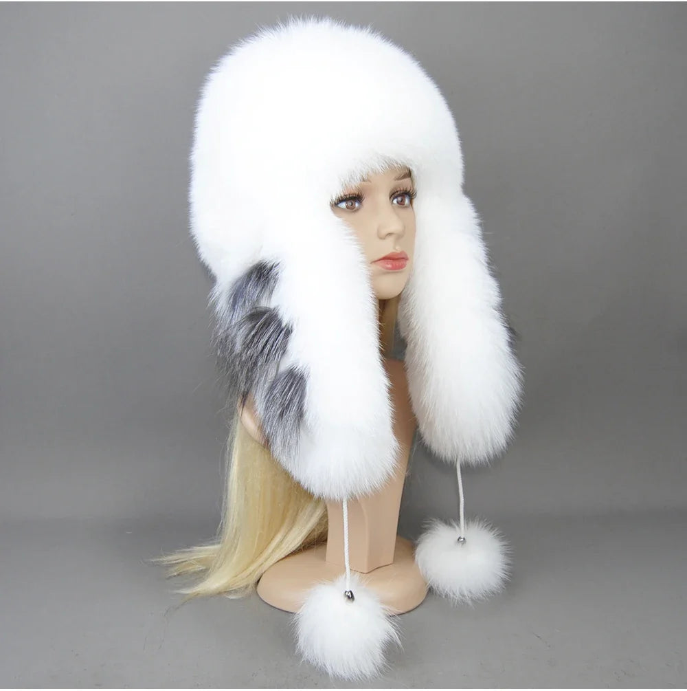 Hot Sale Lady Winter Warm Luxury 100% Natural Fox Fur Hat Fashion Fluffy Fox Fur Rex Rabbit Fur Caps Women Real Fur Bomber Hats