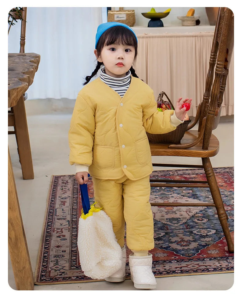 Autumn Winter Baby Kids Jackets+Pants Sets Thicken Boys Girls Coat Trousers Warm Windproof Clothes Suit For Children Home Wear