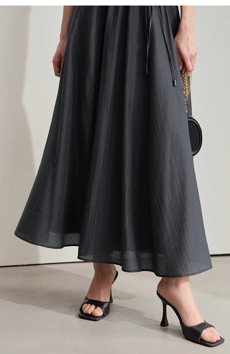 Minimalist New Summer Knee Length A-line Skirt Women Adjustable Drawstring Solid Color Commuting Style Loose Skirt 12522025