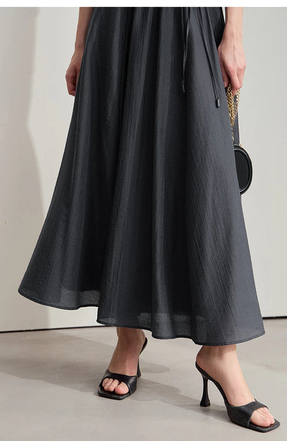 Minimalist New Summer Knee Length A-line Skirt Women Adjustable Drawstring Solid Color Commuting Style Loose Skirt 12522025