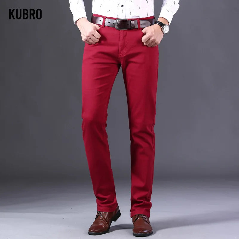 Brand Classic Style Men's Wine Red Jeans Fashion Business Casual Straight Denim Stretch Trousers Male Denim Pants Korean reviews