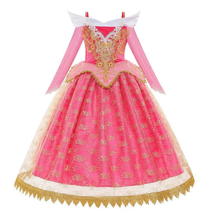 2026 Disney Sleeping Beauty Aurora Princess Dress Girl Cosplay Off Shoulder Kids Gifts Fancy Party Girl Baby Fine Lace Dress Set