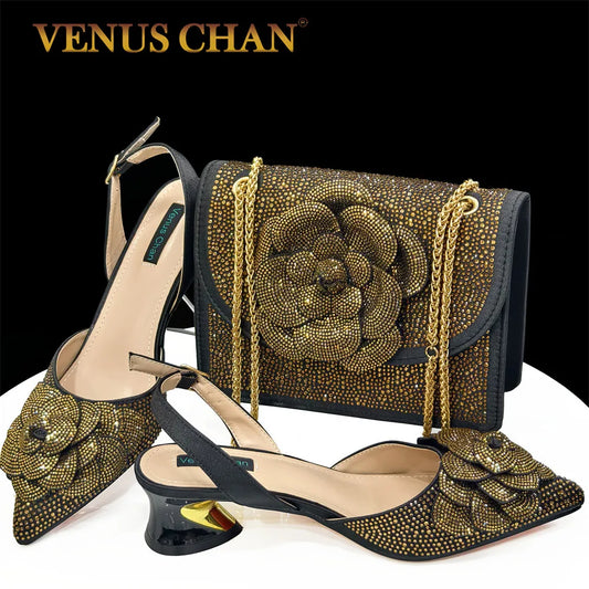 Shoes for Women Pointed-Toe Large Flower Decoration Rhinestone Low Heel Italian Design Black Color Shoes and Bags Set