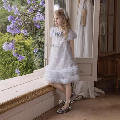 2026 New Summer Dress Girls Sequin Tulle Princess Party Gown Children Pageant Formal Attire Celebration Outfit Elegant Clothes