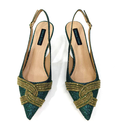 Nigerian Heel Party for Women Shoes and Bag Set Champagne Colour Rhinestone Handbag Italian Design Wedding INS 2024