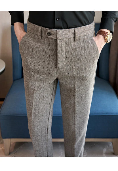 2025 Autumn Winter New Stripe Woolen Cloth Suit Pants Men Thick Warm Fashion Business Casual Male Straight Formal Trousers