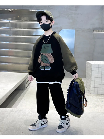 Spring Autumn Boys Patchwork Cartoon Sweatshirt+Sweatpant Workout Set School Kids 2PCS Tracksuit Children Jogging Outfit 5-16 Yr