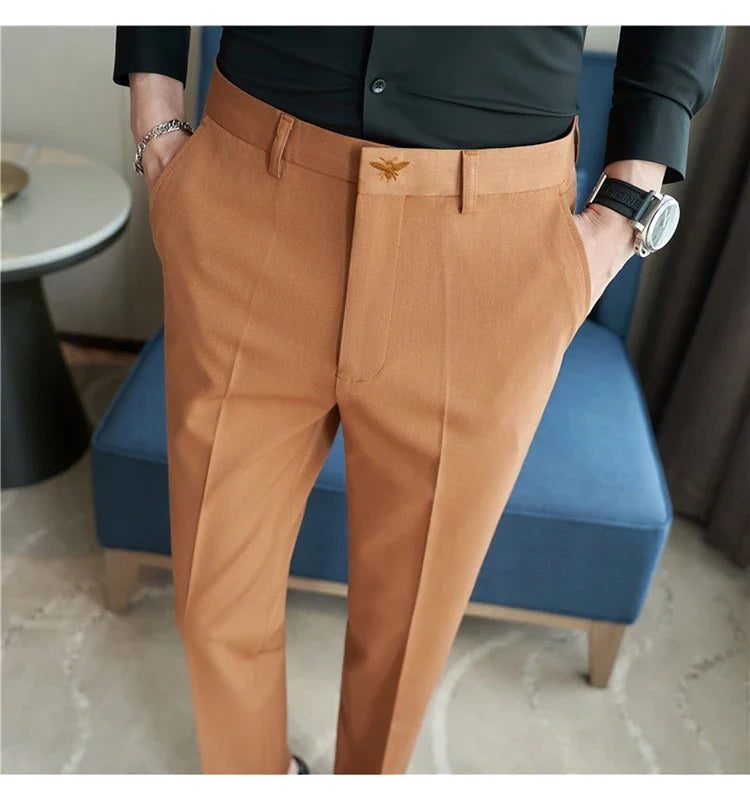 Autumn Mens Fashion Embroidered Trousers Korean Business Dress Solid Suit Pant Formal Office Social Slim Fit Casual Suit Pants