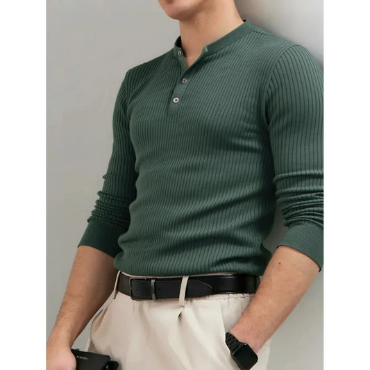 Button Placket Polo Shirt Men Ribbed Stripe Long Sleeve Contemporary Fit Minimalist Autumn Winter Premium Business Top