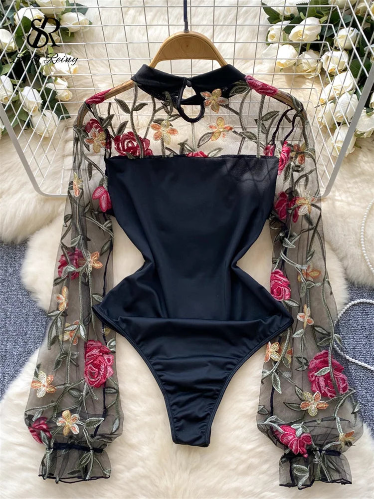 Vintage Embroidery Gauze Sexy Bodysuits Stand Collar Long Sleeve Playsuits Fashion Spliced Women Open crotch Rompers