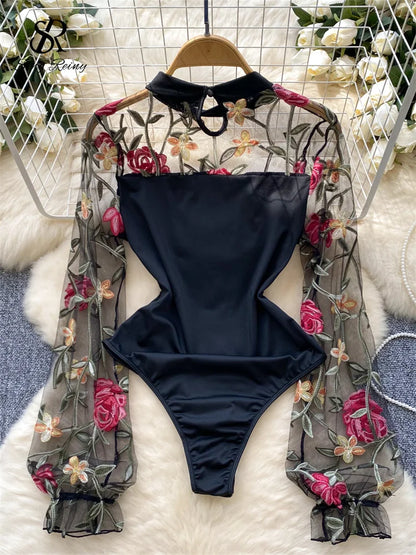 Vintage Embroidery Gauze Sexy Bodysuits Stand Collar Long Sleeve Playsuits Fashion Spliced Women Open crotch Rompers
