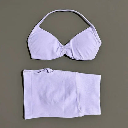 No Logo 2 Piece Impacts Gym Set Women Seamless Yoga Strappy Bra Workout Scrunch Sports Low Waist Shorts Sport Set