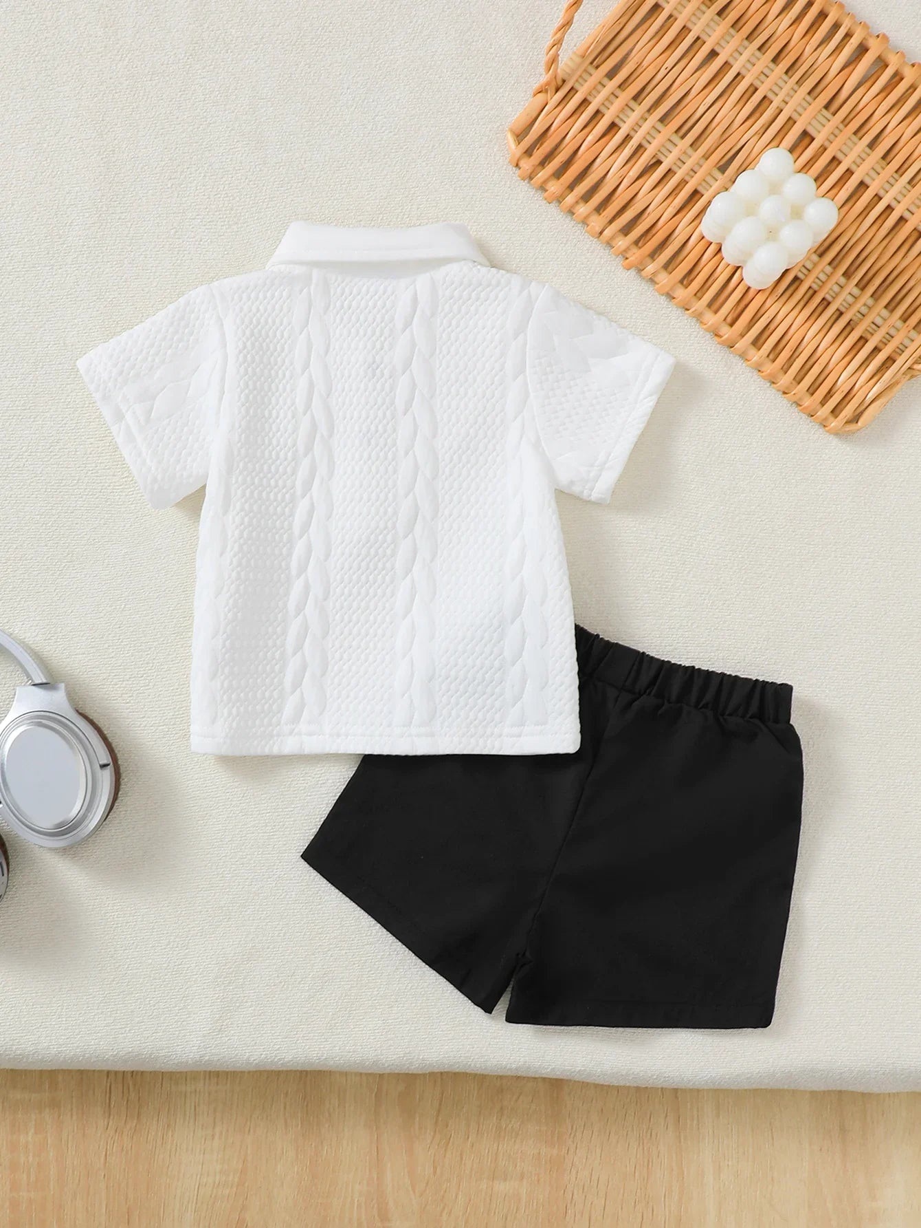Baby Boy Gentleman 2-Piece Set: Knitted Silk Cotton Texture Polo Shirt & Elastic Waist Shorts, Comfortable for Spring Summer