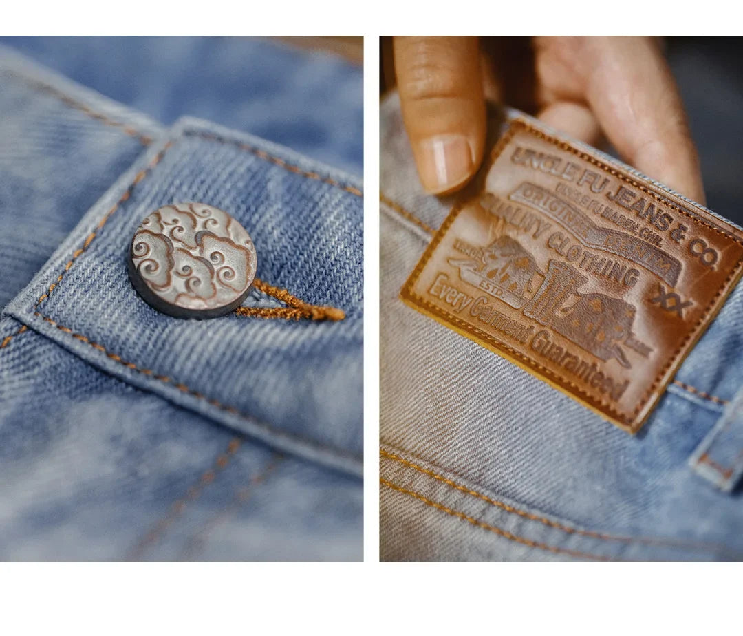 Men's American Retro Ice Blue Washed Denim Shorts Straight A Line Seven Inch Pants Vintage Workwear Loose Summer Trousers