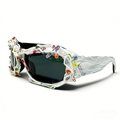 y2k Colorful Safety Pin Sunglasses for Women Punk Cyber Streetwear Party Avant-garde Funny Shades UV400 lunette soleil femme
