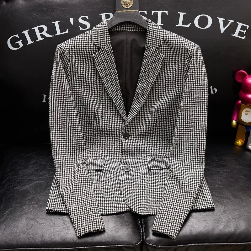 Plus-Size Men's Spring New Korean Style Slim-Fit Trendy Handsome Single-Breasted Houndstooth Suit Jacket