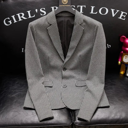 Plus-Size Men's Spring New Korean Style Slim-Fit Trendy Handsome Single-Breasted Houndstooth Suit Jacket