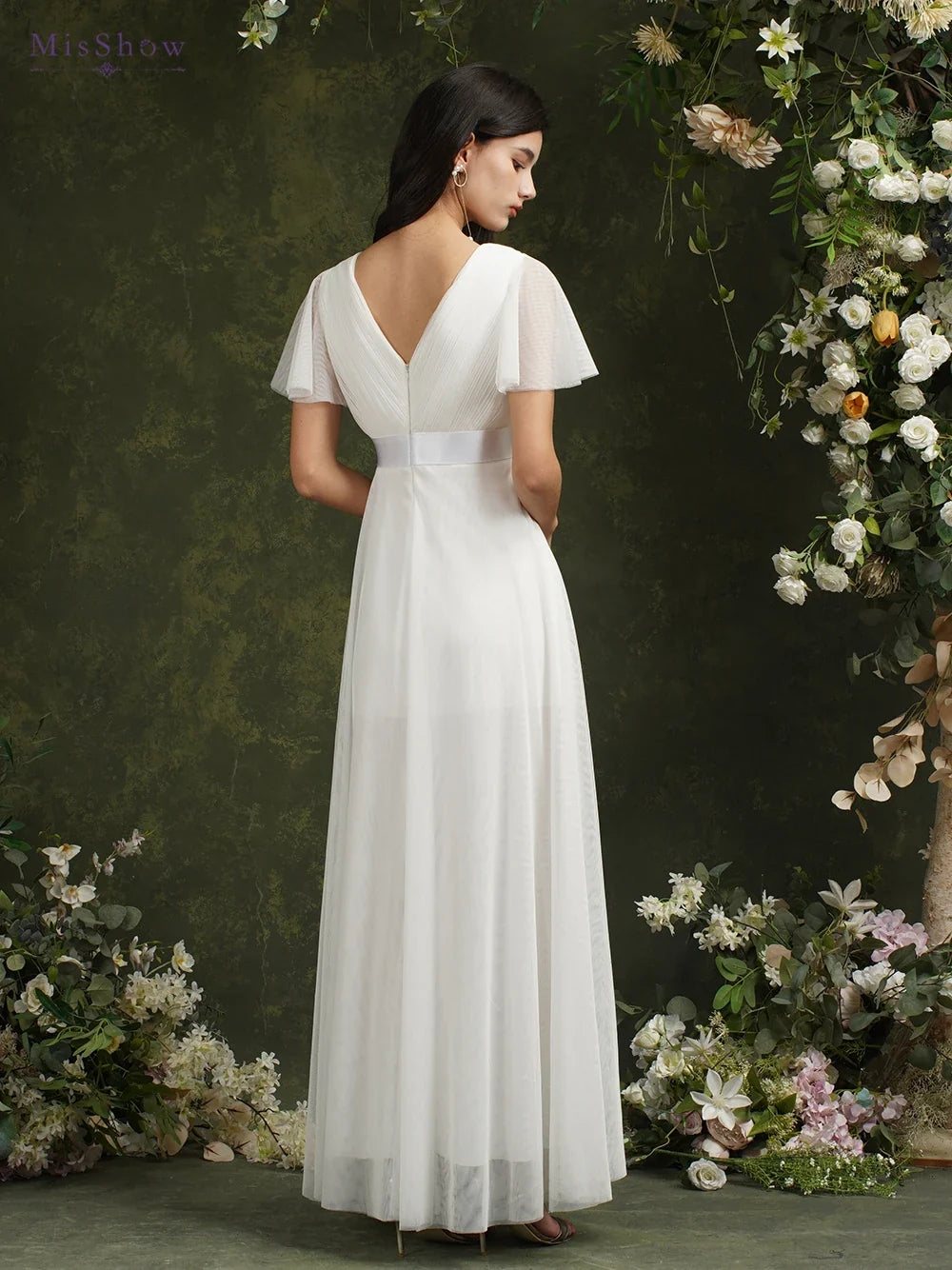 Simple Beach Ivory Wedding Dresses For Women A-Line Puffer Short Sleeve V-Neck Pleat Tulle Open Back Bridal Prom Gowns With Belt
