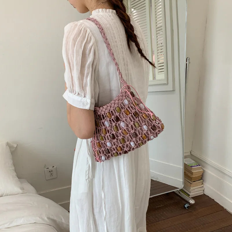Hollow Beading Women Shoulder Bag Rope Knitting Handbags Bohemian Crochet Mesh Bags for Women Small Woven Beach Bag Flap Tote