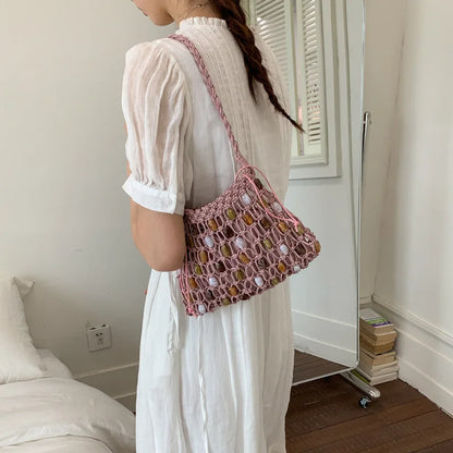 Hollow Beading Women Shoulder Bag Rope Knitting Handbags Bohemian Crochet Mesh Bags for Women Small Woven Beach Bag Flap Tote