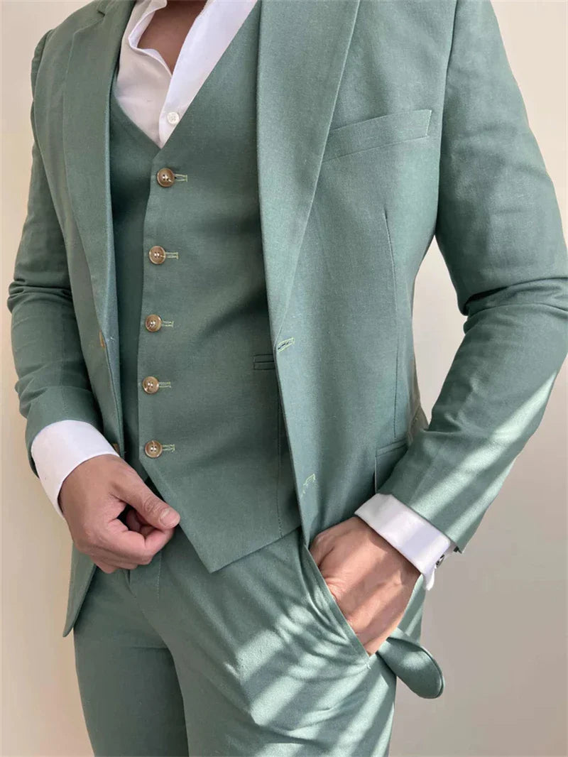 Sage Linen Men Suits for Wedding Summer Party 3 Pieces Notched Lapel Casual Style Groom Tuxedo Custom Made Slim fit Suit