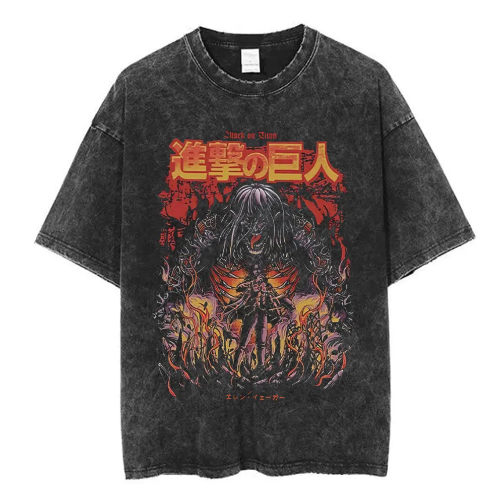 Anime Attack on Titan Washed T-Shirt Ackerman Mikasa Eren Jaeger Cherry Blossom Graphics Logo T Shirt Men Women Cotton T Shirts