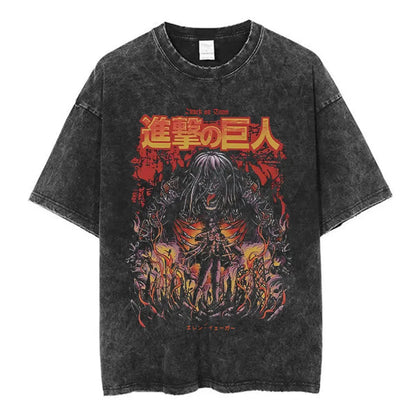Anime Attack on Titan Washed T-Shirt Ackerman Mikasa Eren Jaeger Cherry Blossom Graphics Logo T Shirt Men Women Cotton T Shirts