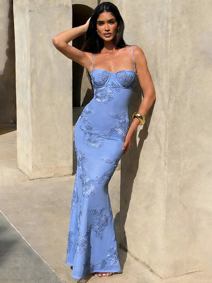 Elegant Flower Embroidery Maxi Dress Women Low-Neck Cross Bandage Backless Summer Street Trend Skinny Holiday Vestidos