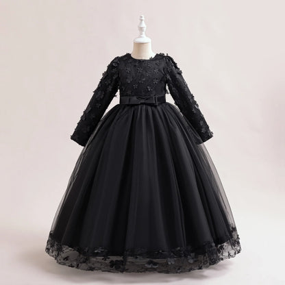 Long Sleeve Flower Bridesmaid Girls Dress Children Christmas Costume Lace Bow Princess Kids Dressees For Girl Party Wedding Gown