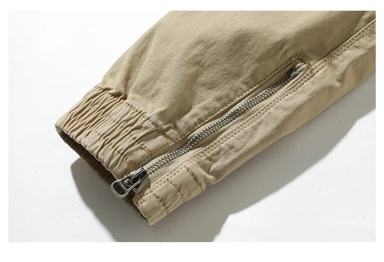 Cotton Men's Cargo Pants Elastic Waist Stretch Trouser Male Multi Pocket Casual Jogger Fit Ankle Length Zipper Purple Drawstring