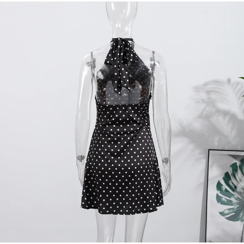 Fashion Lace Up Polka Dot Mini Dress Women Square Collar Short Sleeve Satin Party Dresses2026 Summer Lady Elegant Beach Robe New