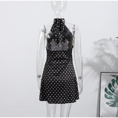 Fashion Lace Up Polka Dot Mini Dress Women Square Collar Short Sleeve Satin Party Dresses2026 Summer Lady Elegant Beach Robe New