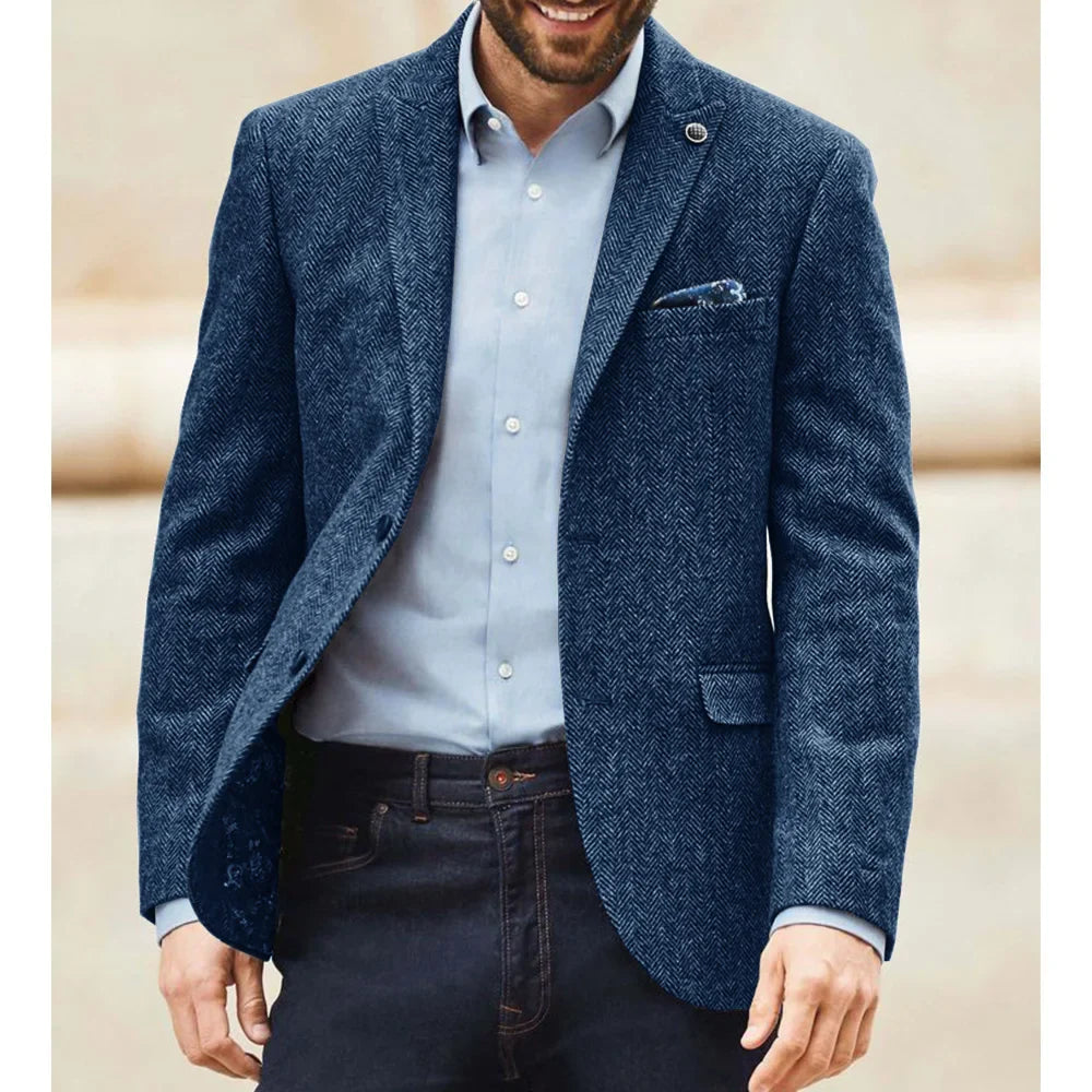 Men's Herringbone Tweed Suit Blazer Classic Notch Lapel Dress Jacket Elegant Slim Fit Fashion Simple Casual Business Outerwear