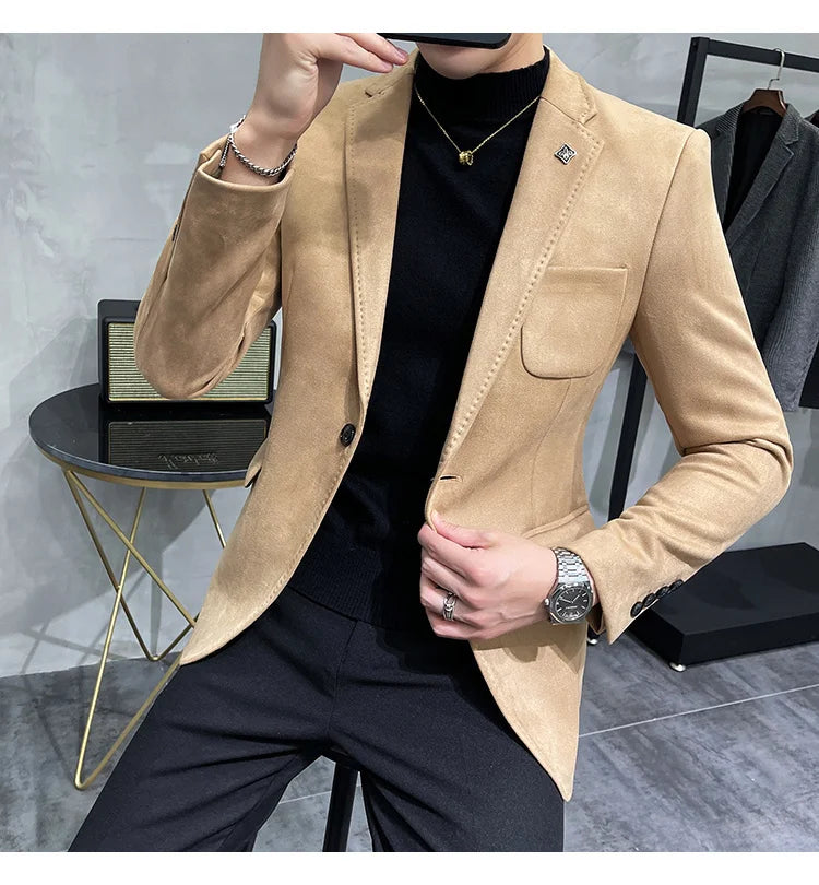 Plus Size 4XL-M Autumn Deerskin Velvet Jackets Blazer 6 Color Men Business Slim Blazers Hommes Casual Wedding Tuxedo Suit Coat