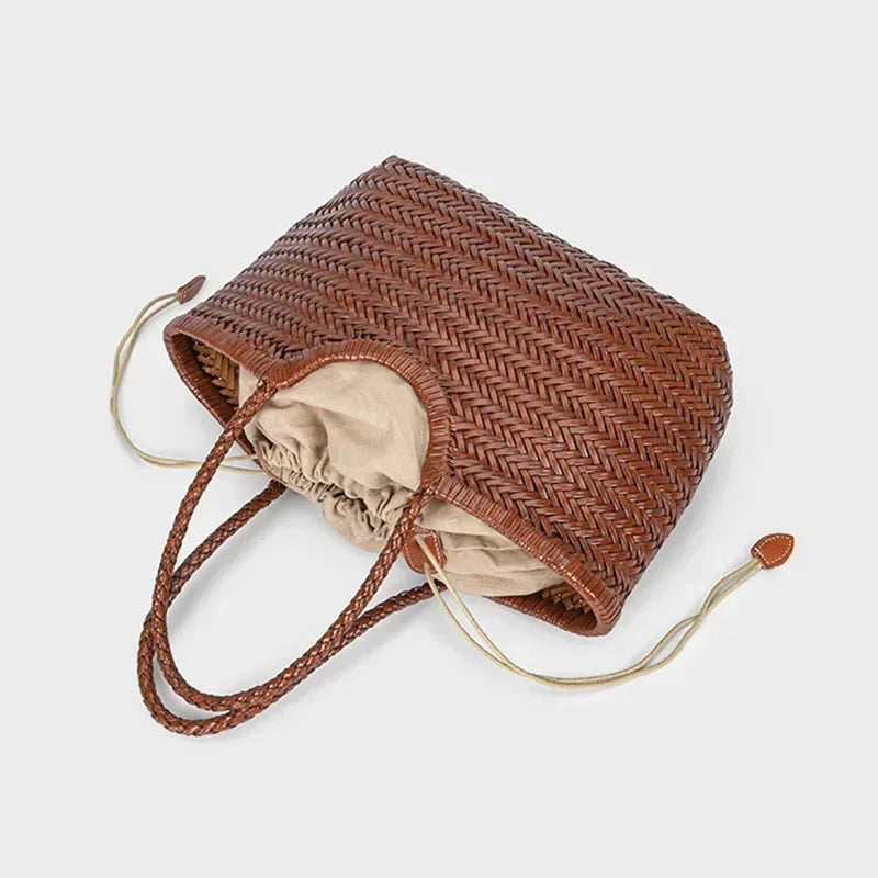 Genuine Leather Cowhide Tote Bags For Women Luxury Designer Handbag Purses 2025 New In Vintage Handmade Weave Underarm Shoulder