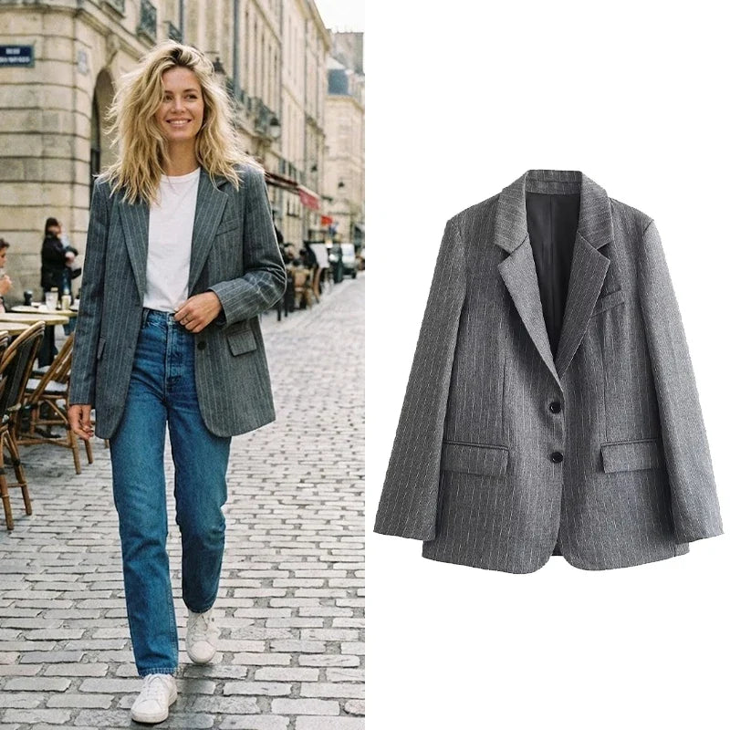 Women Fashion With Pockets Striped Single Breasted Blazer Vintage Notched Neck Long Sleeves Female Chic Lady Outfits