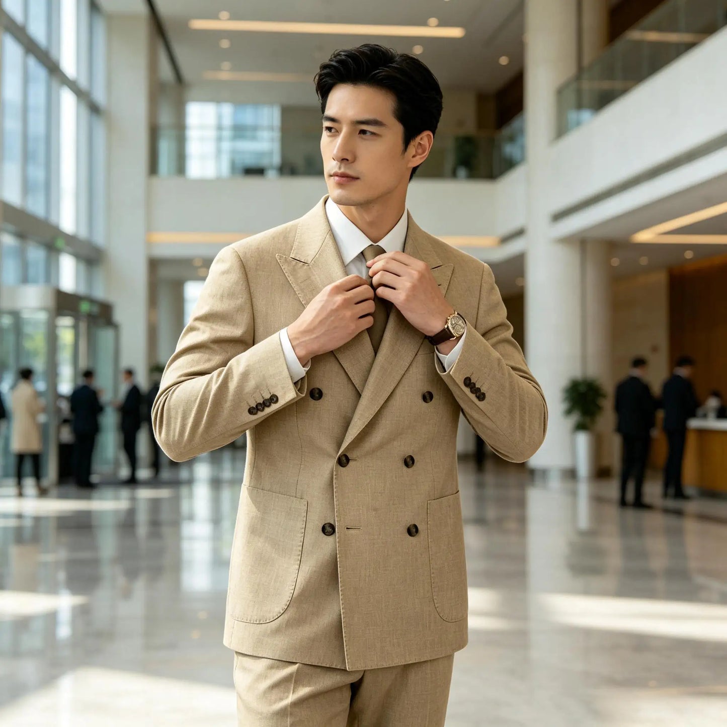 Men's Linen Double Breasted Blazer Peak Lapel Casual Business Suit Jacket With Patch Pockets For Daily Office Wear