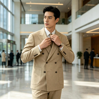 Men's Linen Double Breasted Blazer Peak Lapel Casual Business Suit Jacket With Patch Pockets For Daily Office Wear