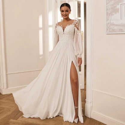 Summer Beach Wedding Dress Customized Puff Sleeves Sheer Round Neck Beading Applique High Split Corset Marriage Bridal Gown