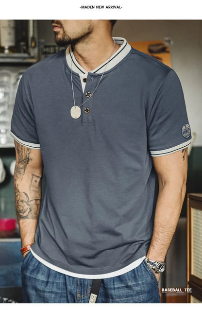 Maden Men's Vintage Baseball Short Sleeve Henley Shirt Heavyweight Contrast Embroidered Tee 100% Cotton Retro Summer T-shirts