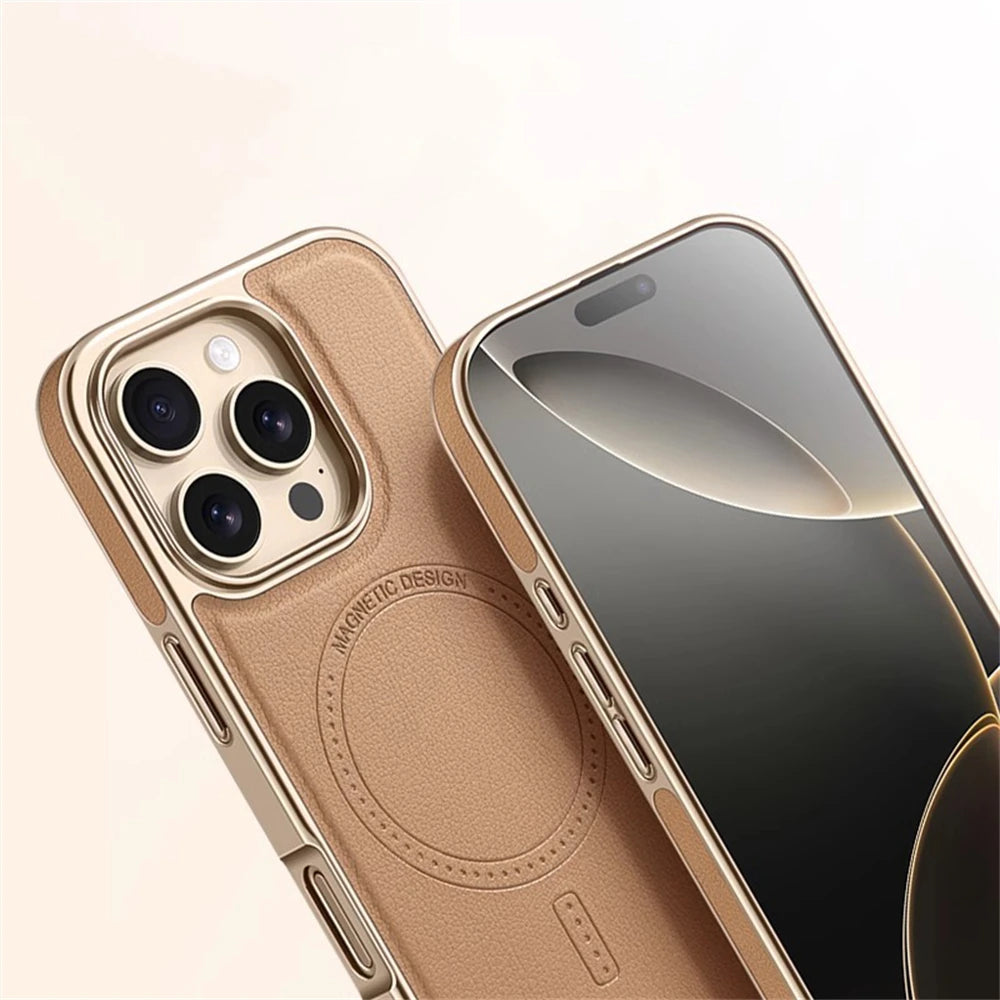 Premium Plating Frame Business Leather Magnetic Case for iPhone 17 16 15 14 13 Pro Max  Plus 17Air For Magsafe Shockproof Cover