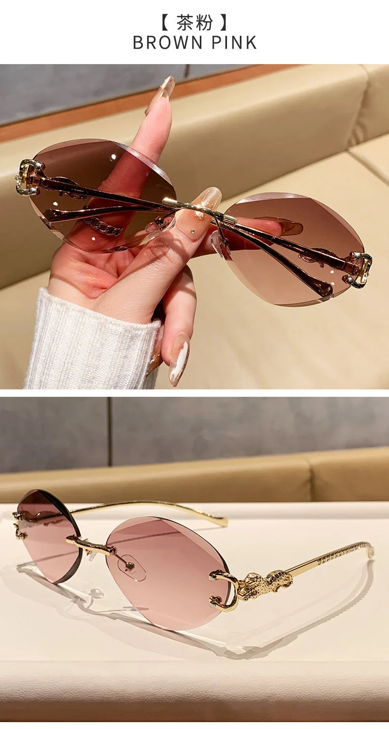 2026 New Fashion Leopard Head Frameless Oval Sunglasses Women Men Internet Celebrity Female Sunscreen Sun Glasses High-end UV400